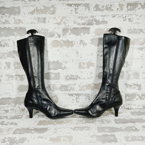 Liz Claiborne Black Leather Side Zipper High Heel Knee High Boots C168 - Picture 8 of 15